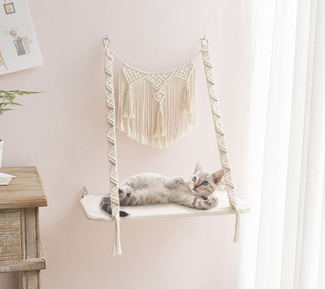 Made of breathable woven fabrics, this macrame braided cat bed is suitable for summer use to help cats lose heat. In winter, add a mattress on this pet cat hammock, this cat window bed will be the best cozy cat perch. Shelf On Window, Cat Window Bed, Cat Window Hammock, Macrame Cat Hammock, Window Safety, Cat Window Perch, Window Perch, Cat Perch, Cat Window