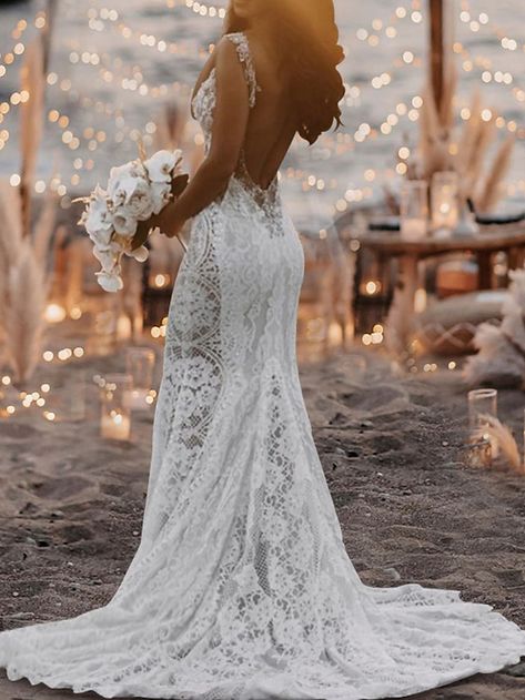 No Back Wedding Dress, Wedding Dresses For The Beach, Wedding Dresses For Beach Weddings, Boho Mermaid Wedding Dress, Wedding Dresses Mermaid Trumpet, Boho Beach Wedding Dress, Bohemian Beach Wedding Dress, Beach Bridal Dresses, Cheap Wedding Dresses Online