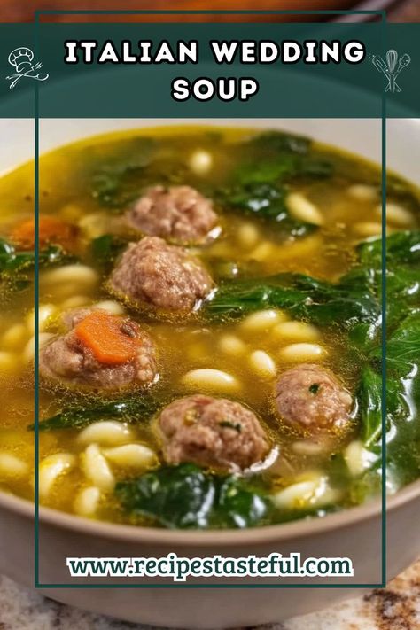 This Italian Wedding Soup recipe is a delightful, hearty dish that features tender meatballs, vibrant greens, and comforting pasta in a flavorful broth. It's perfect for a quick and easy meal that feels special. Italian Wedding Ball Soup, Meatballs For Wedding Soup, Italian Wedding Soup Frozen Meatballs, Best Italian Wedding Soup Recipe, Italian Wedding Soup Meatballs, Wedding Soup Meatball Recipe, Italian Wedding Soup Recipes, Wedding Soup Italian, Crockpot Italian Wedding Soup