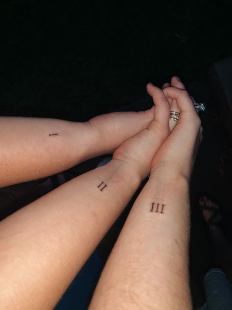 Matching Best Friend Tattoos Trio, 3 Ppl Tattoos, Matching Tattoo For 3 People, Friends Tattoo 3 People, Trio Finger Tattoos, Tattoo For 6 Friends, Trio Bff Tattoo Ideas, 5 People Matching Tattoo, Small Matching Tattoos For Best Friends Trio