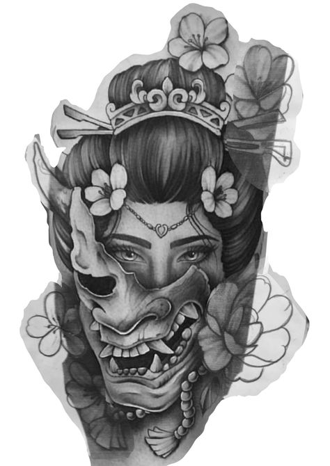 Baddie Tatoos, Mascara Hannya, Japanese Geisha Tattoo, Samurai Mask Tattoo, Japanese Warrior Tattoo, Japanese Mask Tattoo, Oni Mask Tattoo, Geisha Tattoo Design, Japanese Tattoos For Men