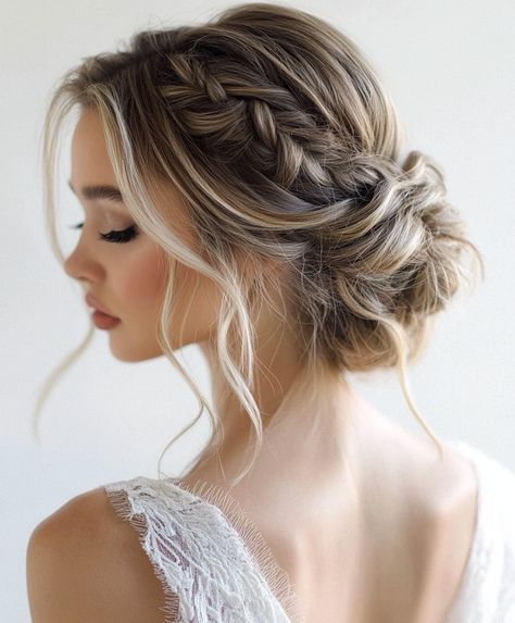 🌺 Effortless Braided Bun Bridal Hair Glamorous Braids Updo Hairstyle Cute Bridesmaid Hairstyles Up Dos, Bridesmaid Updo For Long Hair Braid, Up Dos For Wedding Bridesmaid, Updo With French Braid, Hair Up Bridesmaid Styles, Undone Updo Wedding, Braided Bun Wedding Hair, Maid Of Honor Hair Updo, Braided Updo For Wedding