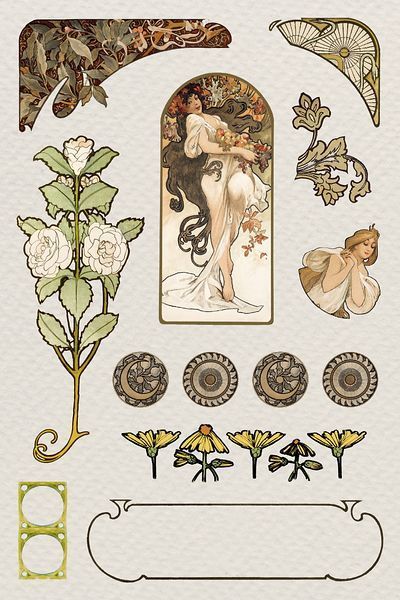 Art Nouveau Collage, Art Nouveau Flowers Illustration, Art Nouveau Vector, Art Nouveau Bedroom, Art Nouveau Arquitectura, Canva Editing, Art Nouveau Mucha, Nouveau Flowers, Art Nouveau Tattoo