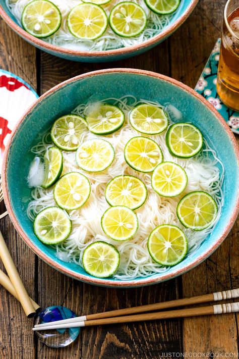 Soaking in an icy dashi broth, this Cold Somen Noodles with Sudachi is a perfect summer treat. #somen #coldnoodle #sudachi | Easy Japanese Recipes at JustOneCookbook.com Yakimeshi Recipe, Make A Cheese Board, Dashi Soup, Japanese Rice Dishes, Somen Noodles, Kabocha Squash Recipe, Beautiful Cheese Board, Dashi Broth, Japanese Food Traditional