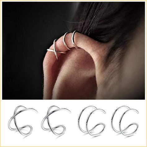 4Pcs Sterling Silver Ear Cuff Simple Criss Cross Double Lines Ear Cuffs Non Piercing Minimalist fake Helix Earcuff Cartilage Earring Hot Necklaces, Minimalist Ear Cuff, Helix Ear, Fake Piercing, Silver Ear Cuff, White Pearl Necklace, Ear Cuff Earings, Estilo Punk, Ear Cuffs