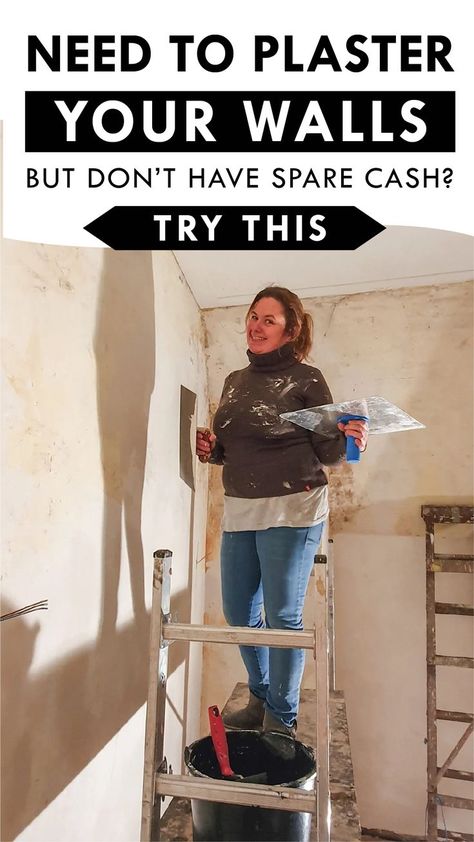 woman stood on ladder plastering wall Hanging On Plaster Walls, Plaster Look Walls, Diy Wall Plaster, How To Spackle Walls Drywall, How To Repair Plaster Walls, Covering Plaster Walls Ideas, How To Plaster Walls Diy, How To Plaster Walls, Plastering Walls Ideas