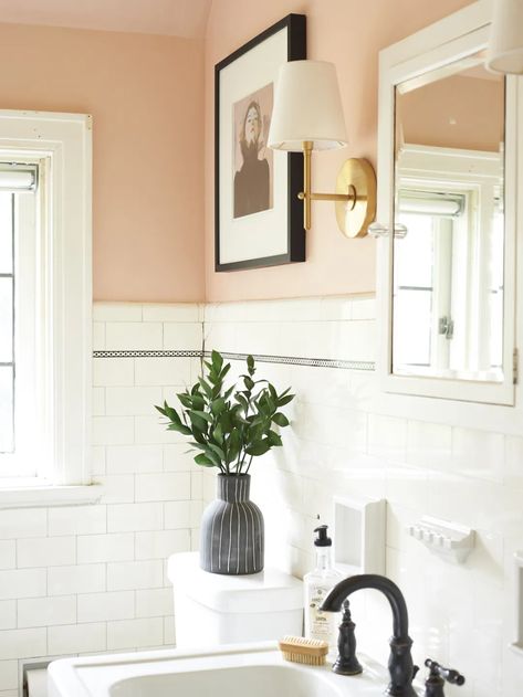 Before and After: The Blush Bathroom Reveal - The Sweet Beast Blush Bathroom, Blush Paint, Candlelit Bath, Peach Bathroom, Tiled Bathroom, Vintage Bathrooms, Floral Shower Curtains, Pink Bathroom, Vintage Bathroom