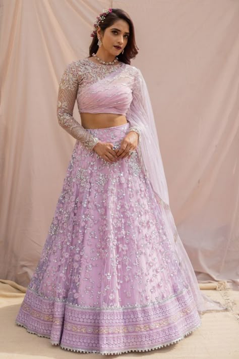 Studio 149 | Fashion Boutique Studio – Chennai Sleeves Design For Lehenga Blouse, Blouse For Lehenga Crop Tops, Lilac Lengha, Partywear Gowns Indian, Indian Sangeet Outfit, Full Blouse Designs, Stylish Lehenga Designs, Modern Lehenga Designs, Bridal Reception Outfit