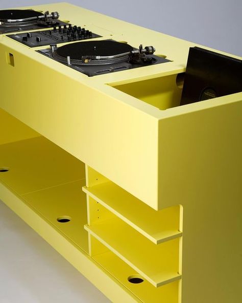 Eberhardt Objects on Instagram: "DJ BOOTH The DJ booth is crafted from MDF in a lacquered homogenous finish. It fits two Technics 1210 turntable and one Mixer. Dimensions: L1800 x W675 x H920 Available in different colours. Pre order/information shop@eberhardtobjects.com Photo Julia Katharina Ziegler @juliakziegler #eberhardtobjects #furnituremadeinfrankfurt #furniture #design #frankfurt #Rane #DJ #DJCulture #Mixing #DJEquipment #Tech #SL1210MK#ONEmeets1200 #technics #dance #music #dj # Dj Stand Design, Dj Table Design, Dj Booth Design Dj Setup, Home Dj Booth, Vinyl Record Storage Ikea, Diy Dj Booth, Turntable Furniture Design, Dj Booth Design, Dj Furniture