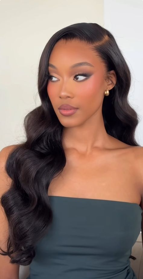 Jumpsuit Hairstyles Hair, Enchanted Hairstyles For Prom, Hollywood Hair Black Women, Hairstyles To Wear With Strapless Dress, Black Tie Guest Hairstyles, Sleek Hair Down Wedding, Hairstyles For Formal Events Black Women, Wigs For Graduation, Bridesmaid Looks Hairstyles