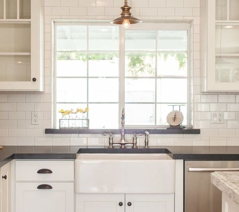 Where to stop backsplash on window? Window Over Sink, Kitchen Sink Window, Trendy Farmhouse Kitchen, Kitchen Window Sill, Subway Tile Kitchen, Subway Tiles, Farmhouse Sink Kitchen, Kitchen Tile, Trendy Kitchen