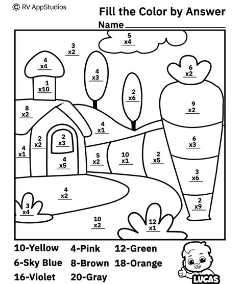 Fill color by answer worksheet is a great way to learn with fun. Teachers and parents can print this FREE Fill Color printable to help kids practice multiplication without getting bored. It helps children to multiply with focus and fun. #practicedaily #keeppracticing #primaryeducation #repetition #color #number #worksheets #practice #kids #rvappstudios Math Multiplication Worksheets, Worksheet Coloring, Math Coloring Worksheets, Educational Apps For Kids, Writing Paper Printable Stationery, Alphabet Tracing Worksheets, Multiplication Worksheets, Kids Worksheets Printables, Math Multiplication