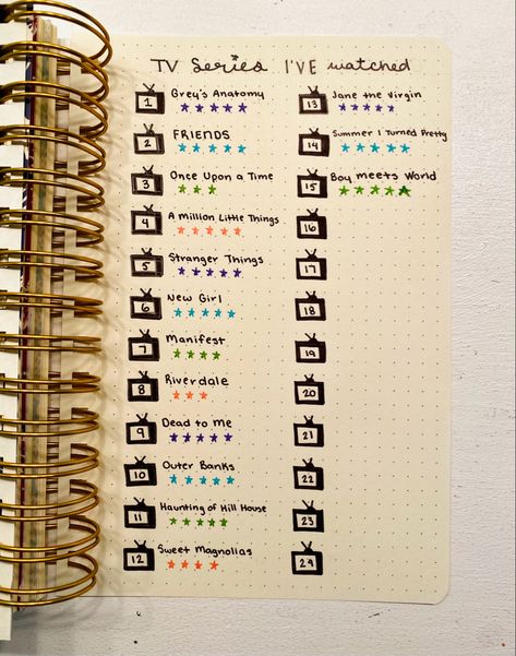 This list helps me remember which shows I have recently watched & and the rating I gave it! doodles, television shows, tracker, bullet journal, notebooks, ratings, movies, must-watch list Journal Tv Show Tracker, Normal Journal Ideas, Movies Watched Journal, Rating Aesthetics, Bujo Tv Show Tracker, Movie List Bullet Journal Ideas, Movies To Watch Journal Page, Bullet Journal Tv Show Tracker, Movie Rating Journal