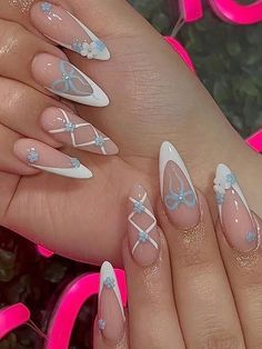 Ballet Nails, Girly Acrylic, Girly Acrylic Nails, Almond Nails Designs, Pretty Gel Nails, Almond Nail, Easy Nails, Blue Nail, Kawaii Nails