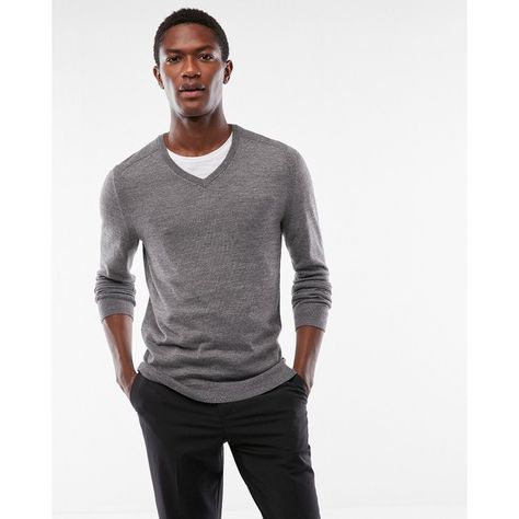 Express Merino Wool Blend Performance V-Neck Sweater ($56) ❤ liked on Polyvore featuring men's fashion, men's clothing, men's sweaters, grey, mens sweaters, mens cardigan sweaters, mens grey sweater, mens grey v neck sweater and mens gray sweater V Neck Sweater Outfit, Casual Outfits Men Fall, Grey V Neck Sweater, Socal Style, Sweater Outfits Men, Mens Sweaters, Mens Cardigan Sweater, Stylish Couple, Sweater Outfit