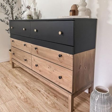 20 IKEA TARVA Hacks to go from Basic to Beautiful 23 2 Tone Furniture, Dipped Furniture Dresser, Trending Furniture Styles 2023, Diy Desk Flip, Refinishing A Dresser Ideas, Trendy Dresser Furniture, Dipped Dresser Makeover, Modern Refinished Furniture, Refurbished Dresser Before And After