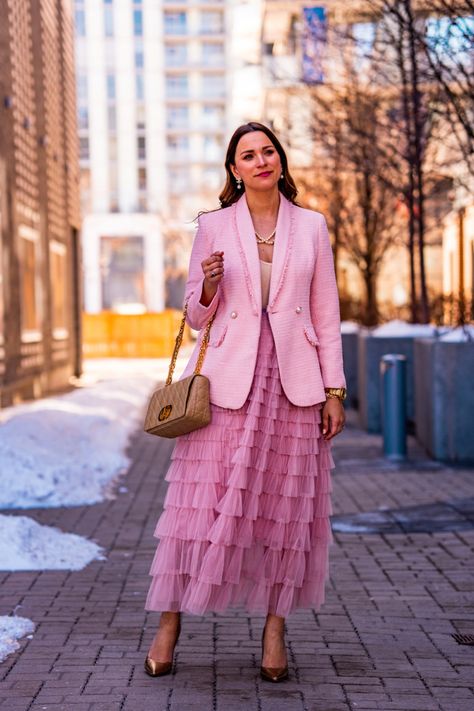 Tulle Skirt Blazer Outfit, Blazer Tulle Skirt, Pink And Brown Outfits For Women, Pink Blazer Skirt Outfit, How To Style A Pink Blazer, Tulle Skirt Outfit Formal, Pink Modest Outfits, Pink Tulle Skirt Outfit, Pink Midi Skirt Outfit