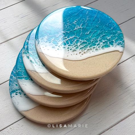 High tides and good vibes. 🌴 Four new ocean coaster sets were just added to the shop!✌🏼 …. Made with: @masepoxies Art Pro and Ocean Art White Pigment @meyspring Tropical Blue / Turquoise Blue @pixiss_creative Ceramic Rounds Save with code LISAMARIE #resin #epoxyresin #resinart #michiganartist #fluidart #oceanart #lakeart #nauticalartwork #artstrending #womenwhoart #masepoxies #artistic_michigan #resinartwork #epoxyideas #homedecor #scadalumni #resinart_daily #handmade #artistsoninstagra... Blue Resin Coasters, Resin Gift Ideas, Handpainted Coasters, Beach Resin Art, Resin Beach Art, Epoxy Resin Coasters, Ocean Resin Art, Resin Arts, Beach Resin