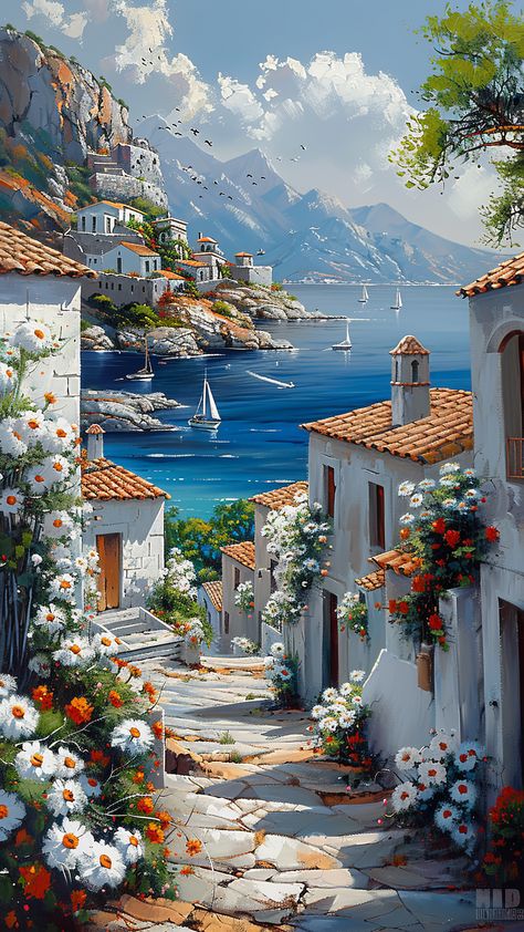 Paintings Of Greece, Village Wallpaper, Greece Landscape, Village Painting, Greece Painting, Greece Art, Italy Landscape, Landscape Art Painting, Art Gallery Wallpaper