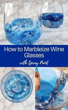 DIY marbleized wine glasses, a fun craft project using spray paint or nail polish and stemless wine glasses Glassware Painting, Diy Wine Glasses Painted, Diy Wine Glasses, Nail Polish Crafts, Alcohol Ink Crafts, Wine Craft, Wine Glass Crafts, Wine Glass Art, Painted Glasses