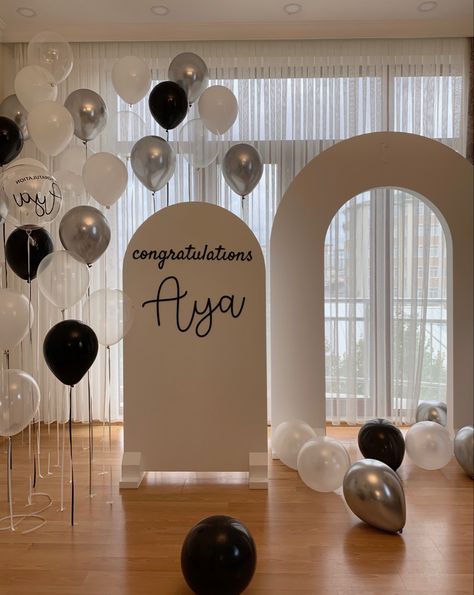 White and black graduation party / girls graduation party / helium balloons / graduates 22 Birthday, Indoor Graduation Party, Outdoor Organization, Event Organization, Balloon Garland, Graduation Party, Balloons, Ceiling Lights, Make It Yourself