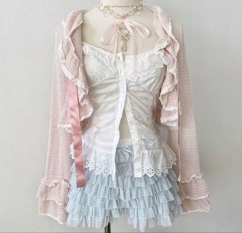 #shojo #aesthetic #fashion #outfit #coquette Shojo Manga Outfits, Himejaki Outfits, Himekaji Outfits Summer, Kawaii Fashion Outfits Casual, Himekaji Outfits, Baby Blue Color, Bloomers Shorts, Lace Cami Top, Kawaii Fashion Outfits