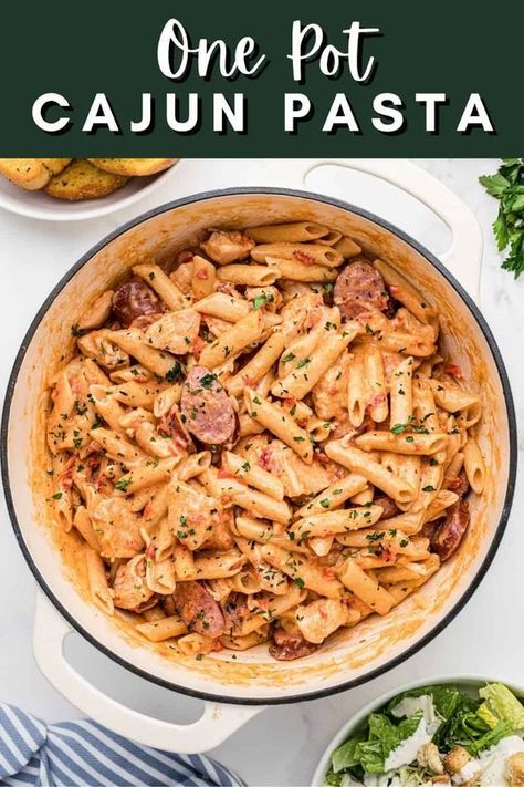 cajun pasta in a pot One Pot Cajun Sausage Pasta, One Pot Cajun Pasta, Sausage Penne Pasta, Cajun Pasta Recipes, Sausage Peppers Onions, Sausage Penne, Creamy Cajun Pasta, Chicken Sausage Pasta, Cajun Chicken Pasta Recipes