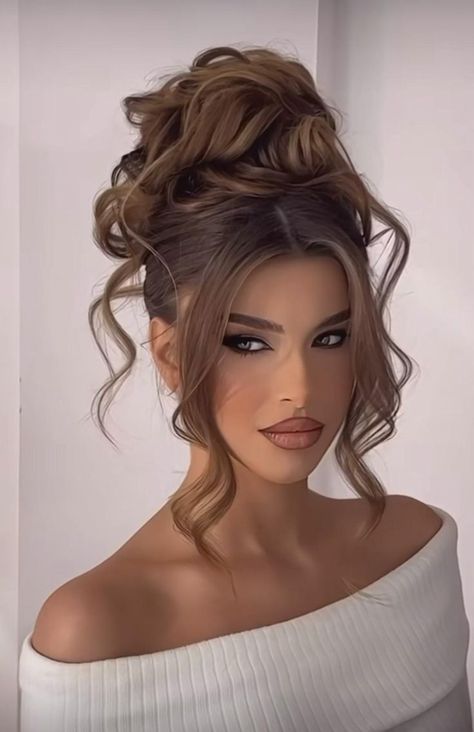 High messy bun look with soft curls Messy Bun Look, High Messy Bun, Bun Look, Glamorous Wedding Hair, High Bun Hairstyles, Formal Hairstyles For Long Hair, Wedding Hair Up, Formal Hair, Mother Of The Bride Hair