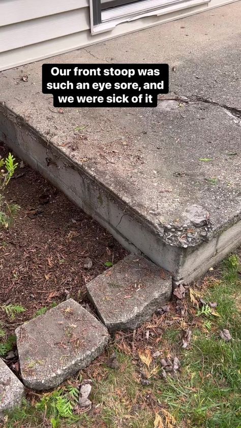 Cement Porch Steps Makeover, Diy Front Steps How To Build, Front Stoop Makeover Concrete, Front Porch Stoop Makeover, Cement Porch Makeover Diy, Diy Concrete Steps Makeover, How To Patch Concrete Porch, Concrete Porch Steps Makeover, Updating Concrete Porch