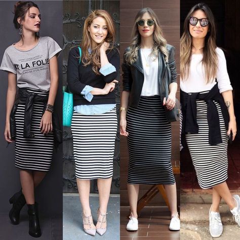 Striped Pencil Skirt Outfit, Black And White Striped Skirt Outfit, Striped Skirt Outfit, Pencil Skirt Outfits Casual, Black And White Striped Skirt, Black Striped Skirt, White Skirt Outfits, Pencil Skirt Outfits, Office Casual Outfit