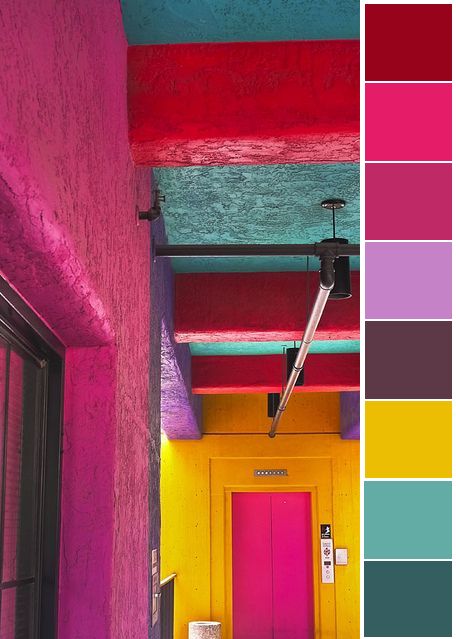 bright hall Bright Bohemian Color Palette, Mexican Colours Palette, Bright Maximalist Color Palette, Mexican Fiesta Color Palette, Tetradic Color Scheme Interiors, Bright Colored Walls, Vibrant Color Palette Bright Colours, Bright Wall Colors, Mexico Color Palette