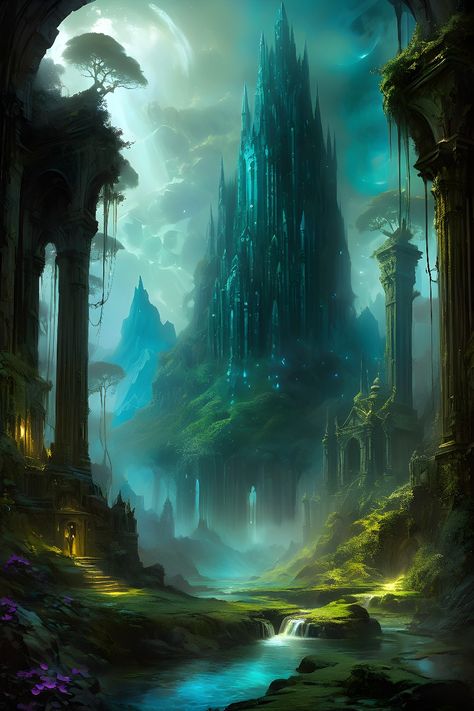 Enchanted Echoes, mystical fantasy wonderland kingdom Ai genereted  by DasAbra Fey Castle, Fae Kingdom, Forest Kingdom, Elven Forest, Fantasy Kingdom, Fantasy Architecture, Fantasy Land, Fantasy Theme, Fantasy Castle