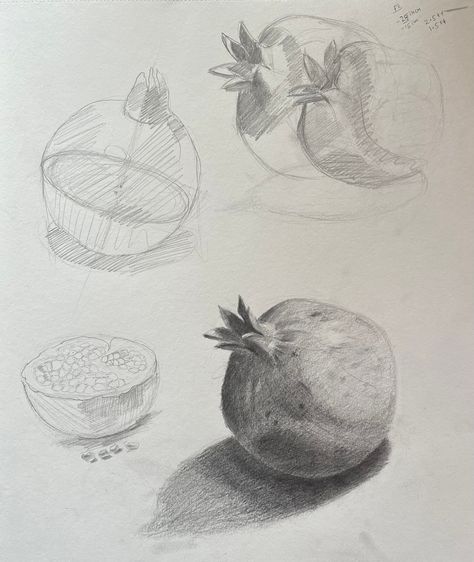 Pomegranate Realistic Drawing, Pomegranate Sketch Drawing, Pomegranate Pencil Drawing, Shading Practice Drawing, Pomegranate Sketch, Value Sketches, Sketch Object, Fruits Sketch, Fruit Study