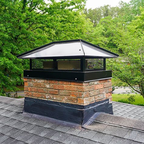 Exterior Chimney, Chimney Caps Metal, Chimney Exterior, Black Metal Chimney Cap, Diy Chimney Sweep, Bronze Chimney Cap, Wood Stove Chimney, Fireplace Damper, Chimney Caps