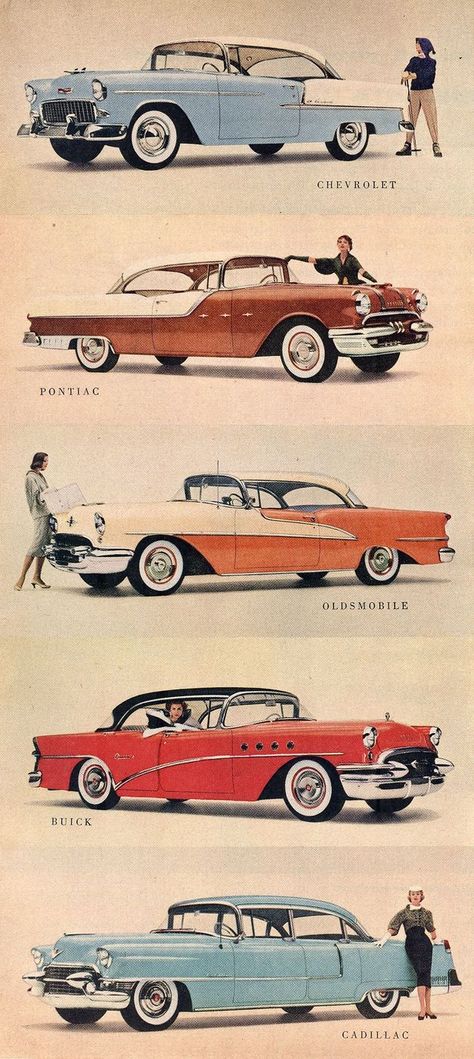 General Motors 1955 Models. Aunt Georgie is rolling in her grave and reaching for the keys to her Ford. Vintage Car Colors, 1955 Oldsmobile, Vw Minibus, 1955 Pontiac, General Motors Cars, 50s Cars, Vintage Auto's, Car Wheels Diy, Wheel Craft