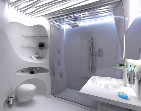 Futuristic Architecture Interior, Sci Fi Room, Futuristic Bathroom, Futuristic House, Boat Interior, Futuristic Interior, Pretty Room, Space Architecture, Futuristic Architecture