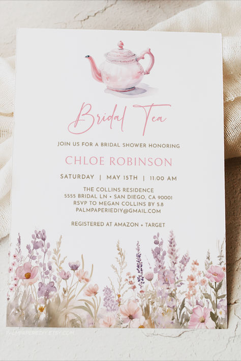 Tea With The Bride To Be Invitations, Pink Tea Party Bridal Shower Ideas, Yea Party Invitations, Bridal Tea Shower Ideas, Bachelorette Tea Party Ideas, Tea With Bride To Be, Garden Party Bridal Shower Invitations, High Tea With The Bride To Be, Wedding Shower Tea Party