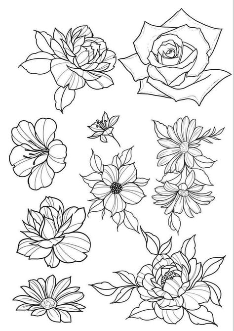 Multiple Flower Tattoo Design, Tattoo Designs To Practice, Flower Stencils Tattoo, Floral Tattoo Flash Sheet, Flower Tattoo Drawings Simple, Linework Tattoo Design Ideas, Floral Stencil Tattoo, Floral Tattoo Linework, Botanical Tattoo Stencil