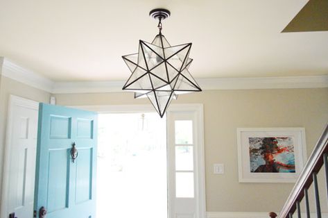 Starry Starry Night | Young House Love Star Light, Star Pendant Light, Star Hanging Light, Star Light Pendant, Foyer Lighting Fixtures Entryway, Star Light Fixture, Star Shaped Light Fixtures, Black Star Light Fixture, Moravian Star Light