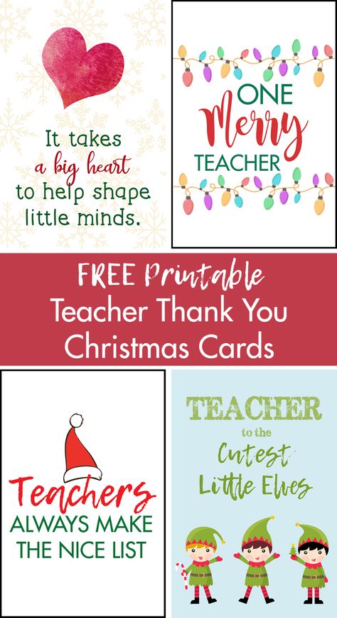 FREE printable teacher thank you Christmas cards. A dozen original designs. Perfect for teacher gifts! #freeprintable #printablecards #teachercards #teachergifts Teacher Christmas Printable Free, Holiday Cards For Teachers, Homemade Christmas Cards For Teachers, Teacher Christmas Gift Tags Free, Christmas Cards For Teachers From Kids, Merry Christmas Teacher Card, Teacher Christmas Tags Printable Free, Christmas Card For Teacher From Kids, Christmas Thank You Cards Printable