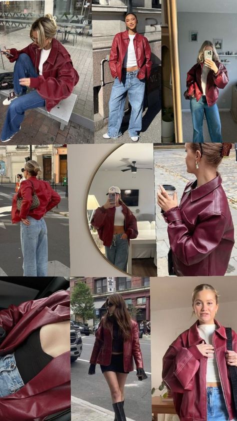 Red Vest Outfit, Red Leather Jacket Outfit, Red Jacket Outfit, Burgundy Outfits, Jacket Outfit Women, Winter Fashion Outfits Casual, Thrifted Outfits, Ideas De Outfits, Leather Jacket Outfits