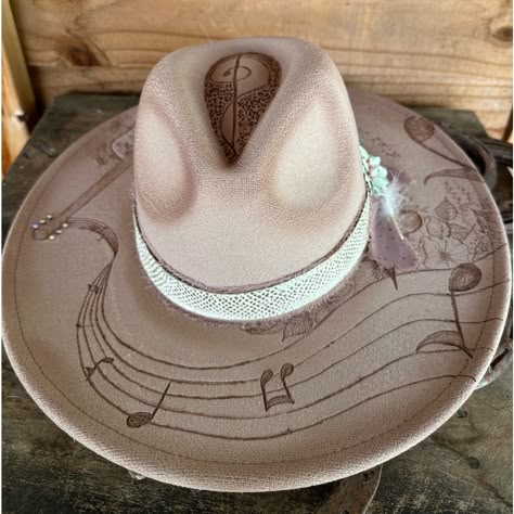 Final Clearance In Last Seasons Hats!!! Making Room For New Designs. Sassy Cactus’. “The Musician” Hand Burned And Lightly Distressed Vegan Wool, Soft Brimmed Hat Crystal Accents ‘Tips In A Jar, My Guitar, And An Old Barstool..’ Free Personalization For All The New Designs Or Custom Orders Please Visit My New Website Sassycactushatco.Com Mountain Burned Hat, Western Hats For Women Boho, Custom Hats For Women, Burned Hat Design, Burnt Hats, Cowboy Hat Crafts, Cowboy Hats For Women, Womens Western Hats, Cowgirl Hats Western