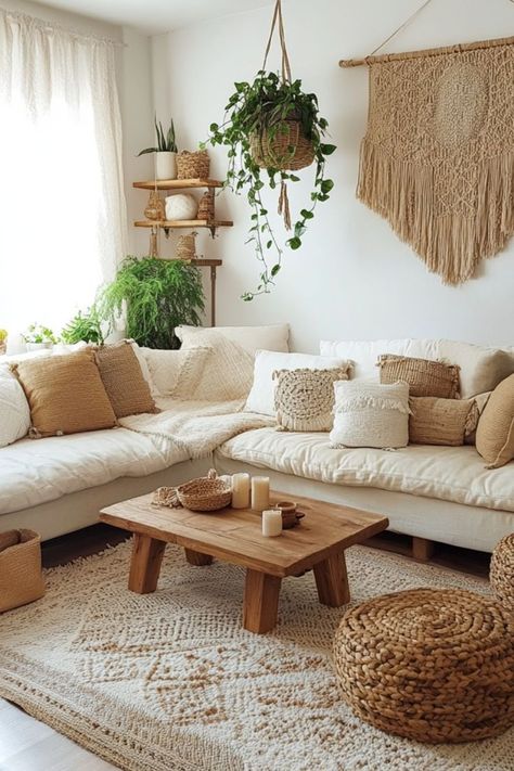 Create a neutral boho living room with cozy textures, soft colors, and natural decor. #BohoDecor #NeutralInteriors #CozyLivingRoom Natural Chic Living Room, Natural Color Living Room Ideas, Simple Japandi Living Room, Boho Aesthetic Apartment, Cozy Boho Chic Living Room, Pine Furniture Living Room, Boho Modern Living Room Inspiration, Boho Interior Style, Boho Living Room White Couch