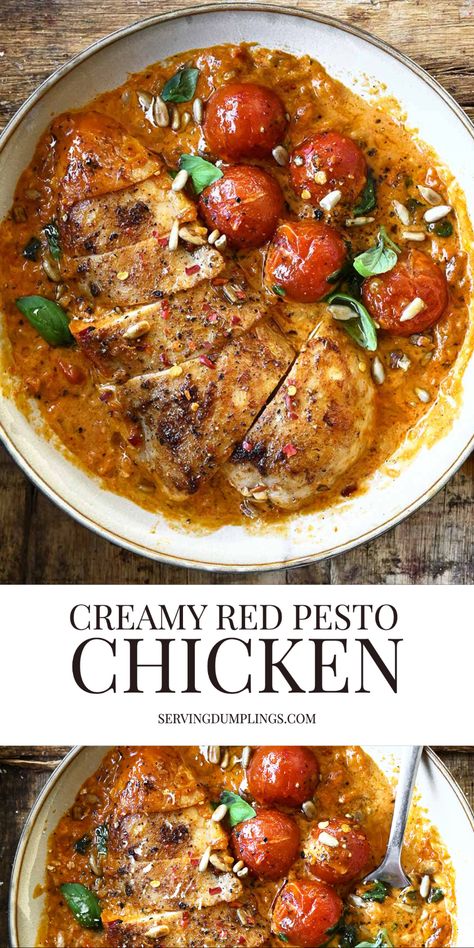 Red Pesto Chicken, Chicken With Cherry Tomatoes, Pesto Recipes Dinner, Carnivore Dinner, Serving Dumplings, Mother Clucker, Vegetable Meals, Chicken Pesto Recipes, Red Pesto