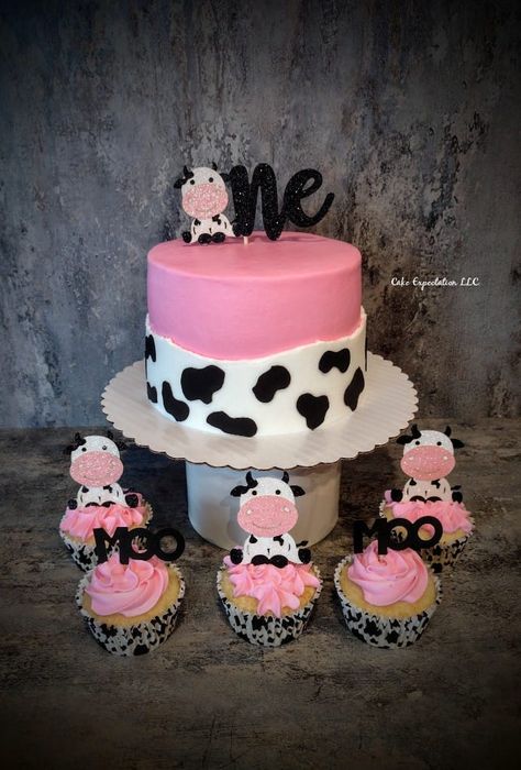 Cow Cake For 1st Birthday, Moo Cow 1st Birthday, Cow Cake And Cupcakes, Pink Cow Print Smash Cake, Cow Cake First Birthday, Pink Cow Smash Cake, Pink Cow Cake 1st Birthdays, Moo Moo I’m Two Birthday Cake, Holy Cow I’m One Smash Cake Girl