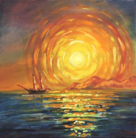 Sunrise at the sea. Oil on stretched canvas. Sun Painting Abstract, Abstract Sunset Art, Art Oil Paintings Aesthetic, Sun Aesthetic Art, Sun Art Aesthetic, Painting Ideas Ocean, Sunset Sea Painting, Orange And Blue Sunset, Sun Set Painting