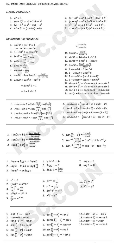 HSC BOARD – IMPORTANT FORMULAS – HSC – Higher Secondary Education Website Maths Algebra Formulas, Math Formula Sheet, Maths Formulas, Math Formula Chart, Algebra Formulas, Math Websites, सत्य वचन, Math Quotes, Exam Study Tips