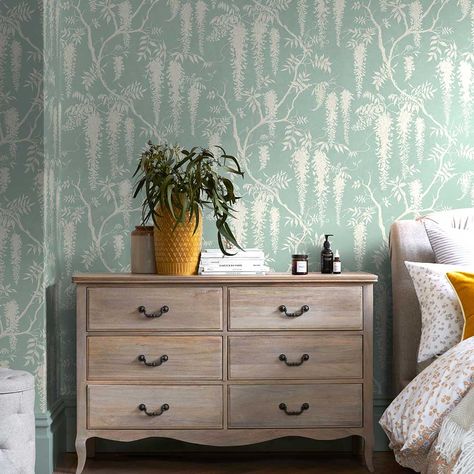 Wisteria Trails by Next - Duck Egg - Wallpaper : Wallpaper Direct Duck Egg Blue Living Room, Mums Wallpaper, Duck Egg Blue Bedroom, Hanging Wisteria, Hall Wallpaper, Versace Wallpaper, Next Wallpaper, Wallpaper Direct, Blue Living Room