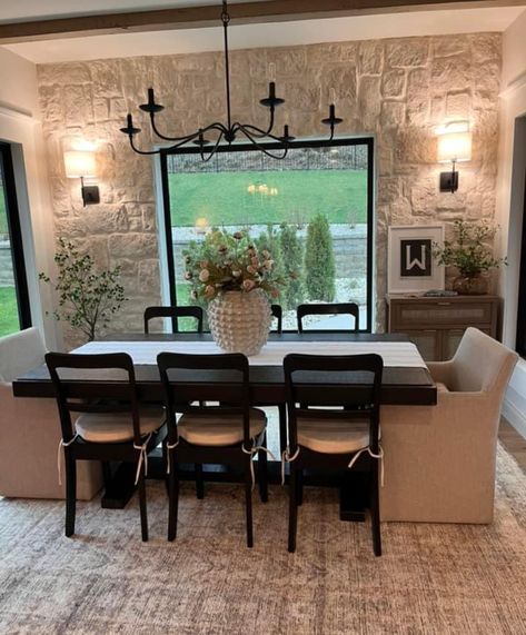 Dining Room With Stone Wall, Stone Dining Room Wall, Stone Wall Dining Room, Brick Dining Room, Stone Dining Room, Stone Accent Walls, House Updates, Updating House, Dining Room Walls