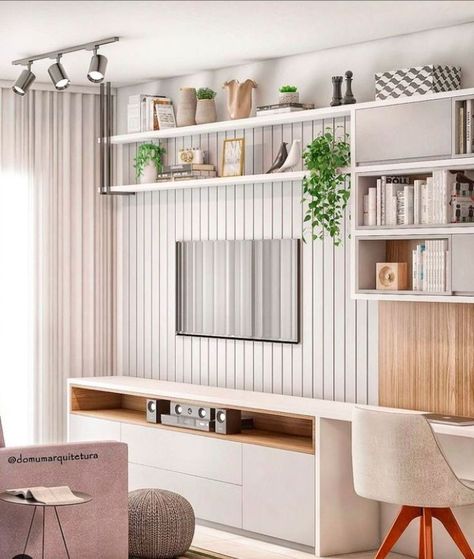 Modern Media Wall with storage and built-in desk. Media Wall With Desk, Media Wall With Storage, Modern Media Wall, Wall With Storage, Tv Shelving, Built In Tv Wall Unit, Desk Wall Unit, Built In Wall Units, Media Room Design